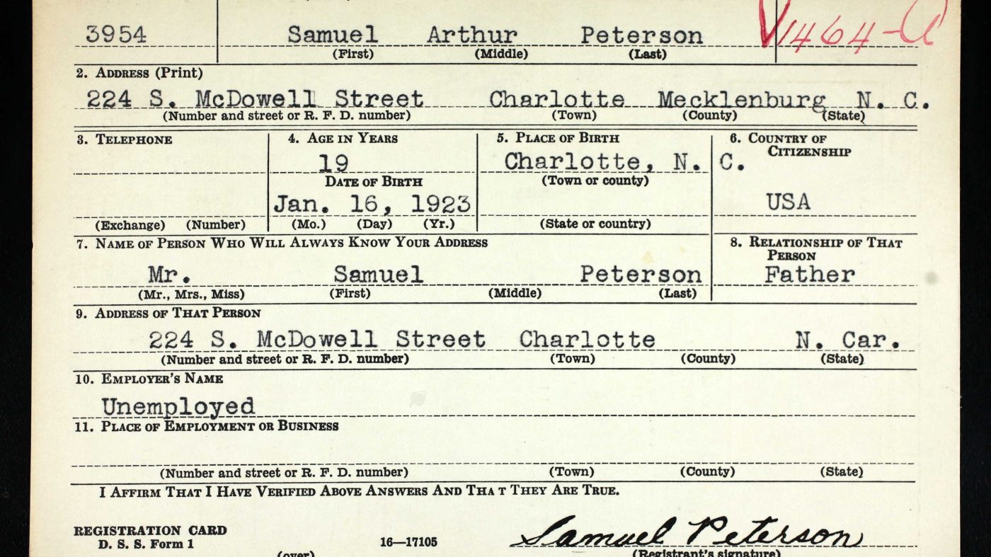 Pvt. Samuel Peterson's World War II Draft Registration Card